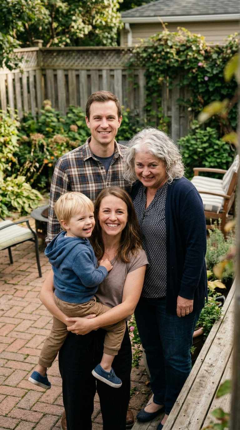 Woman hiding in back of family photo
