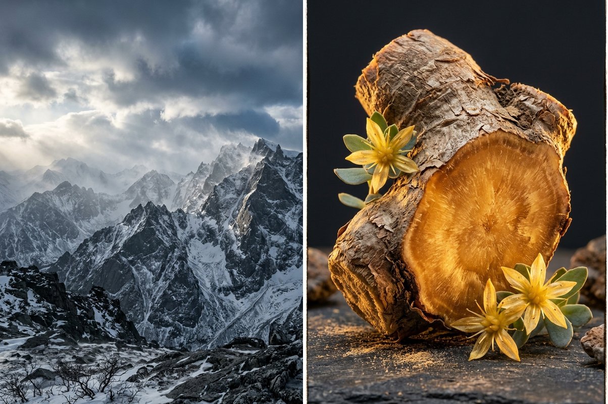 Siberian mountains and Rhodiola Rosea golden root